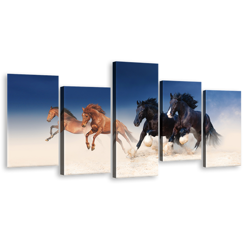 Animal Galloping Canvas Print, Running Horses Stallions Wall Art, Herd of Black Brown Horses 5 Piece Multi Canvas