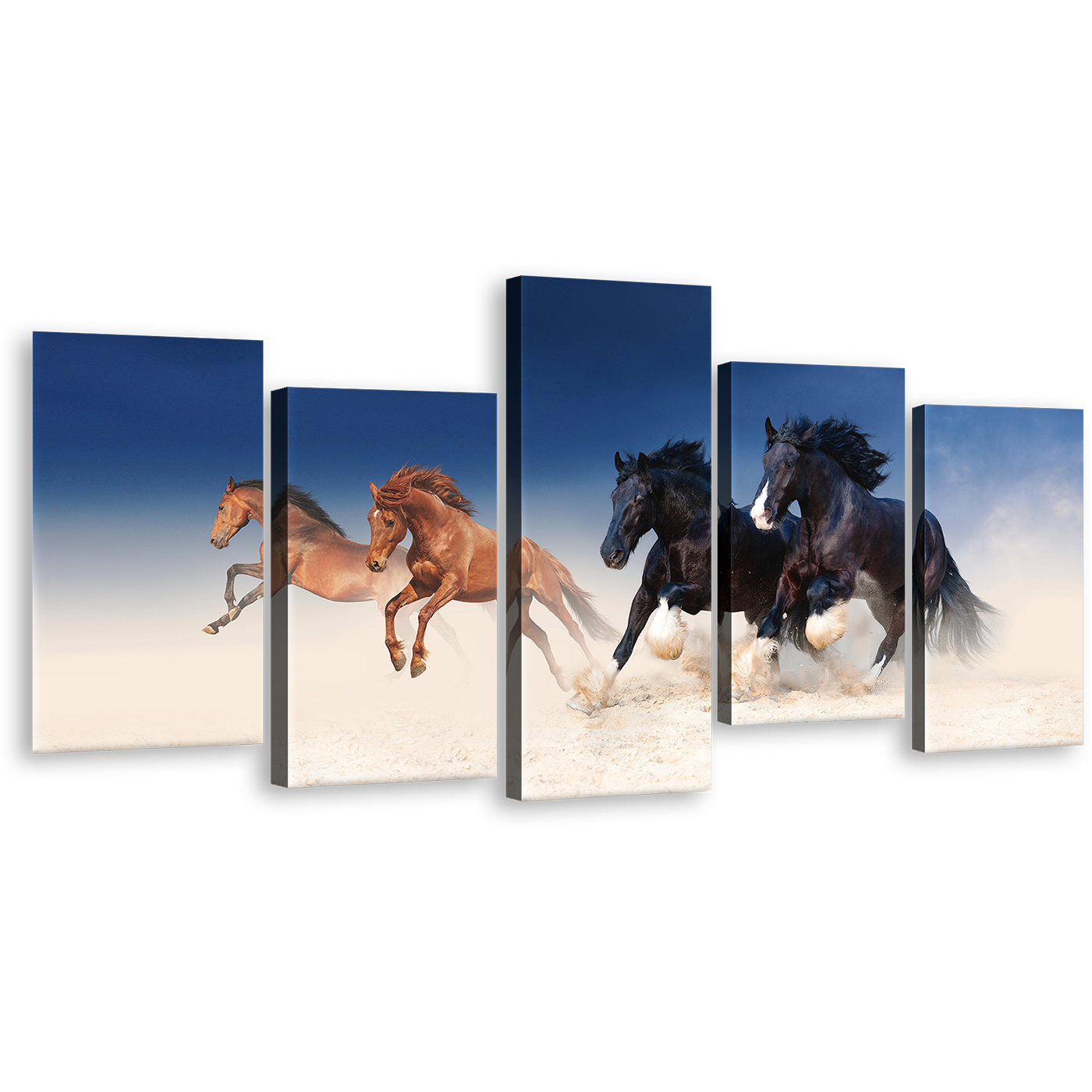 Animal Galloping Canvas Print, Running Horses Stallions Wall Art, Herd of Black Brown Horses 5 Piece Multi Canvas