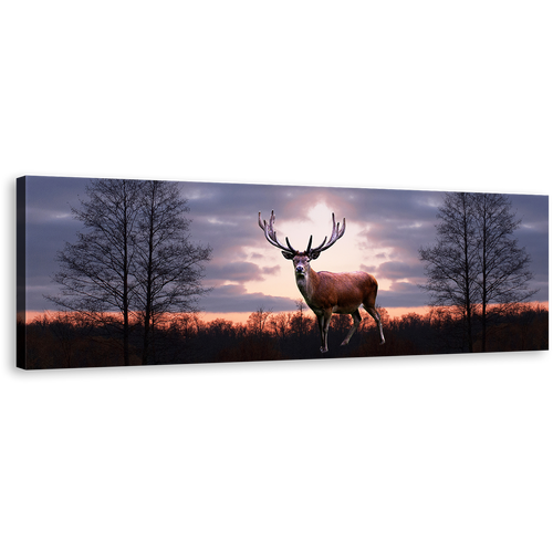 Animal Land Canvas Art, Grey Sky Fallow Deer 1 Piece Canvas Print, Orange Sunset Forest Wildlife Wall Art