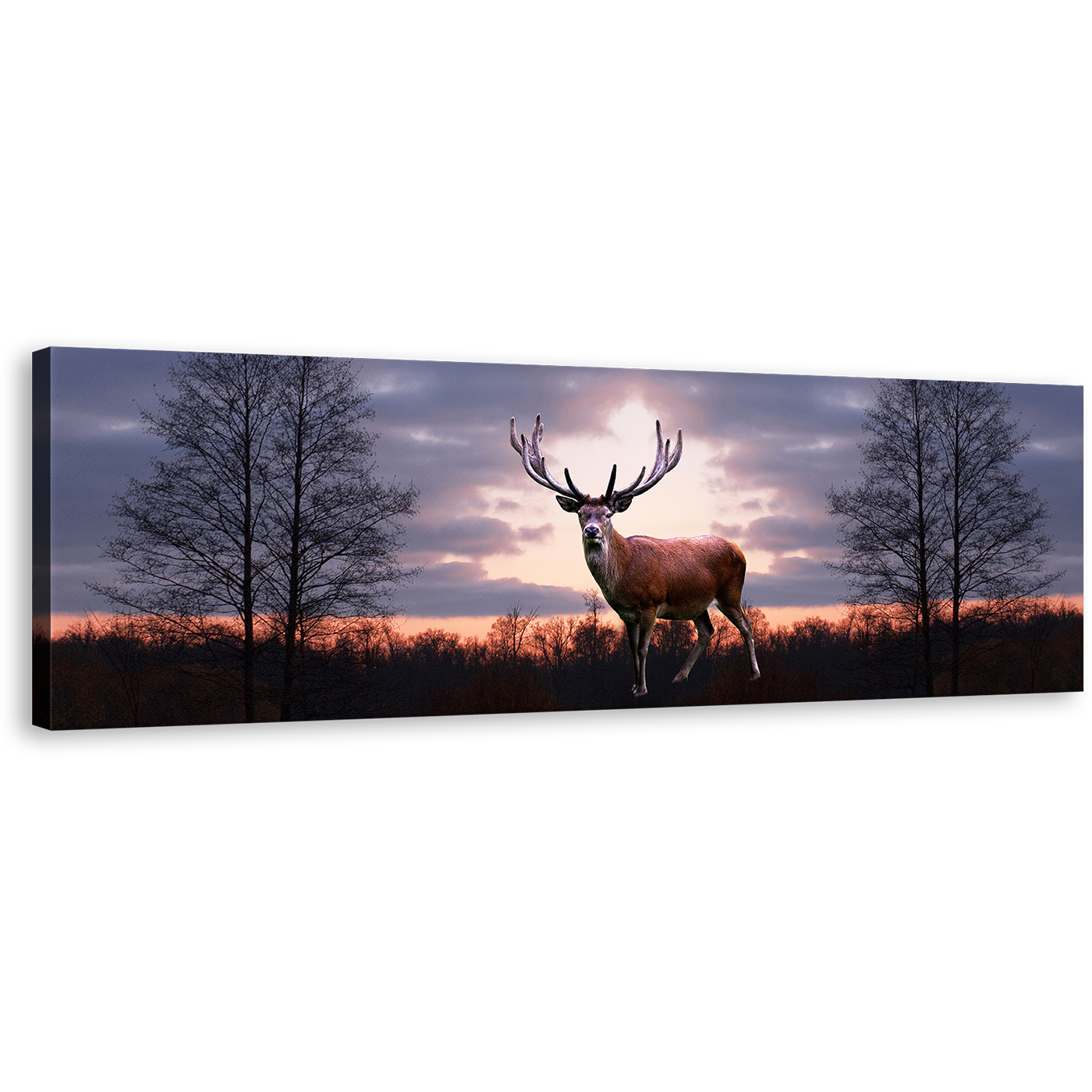 Animal Land Canvas Art, Grey Sky Fallow Deer 1 Piece Canvas Print, Orange Sunset Forest Wildlife Wall Art