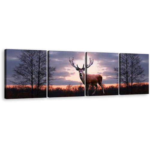 Animal Land Canvas Print, Grey Sky Forest Wildlife Wall Art, Fallow Deer Orange Sunset 4 Piece Multi Canvas