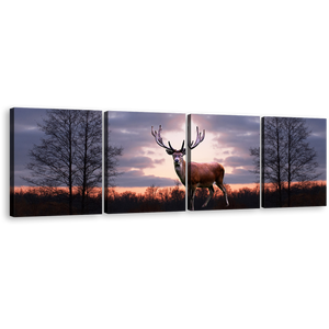 Animal Land Canvas Print, Grey Sky Forest Wildlife Wall Art, Fallow Deer Orange Sunset 4 Piece Multi Canvas