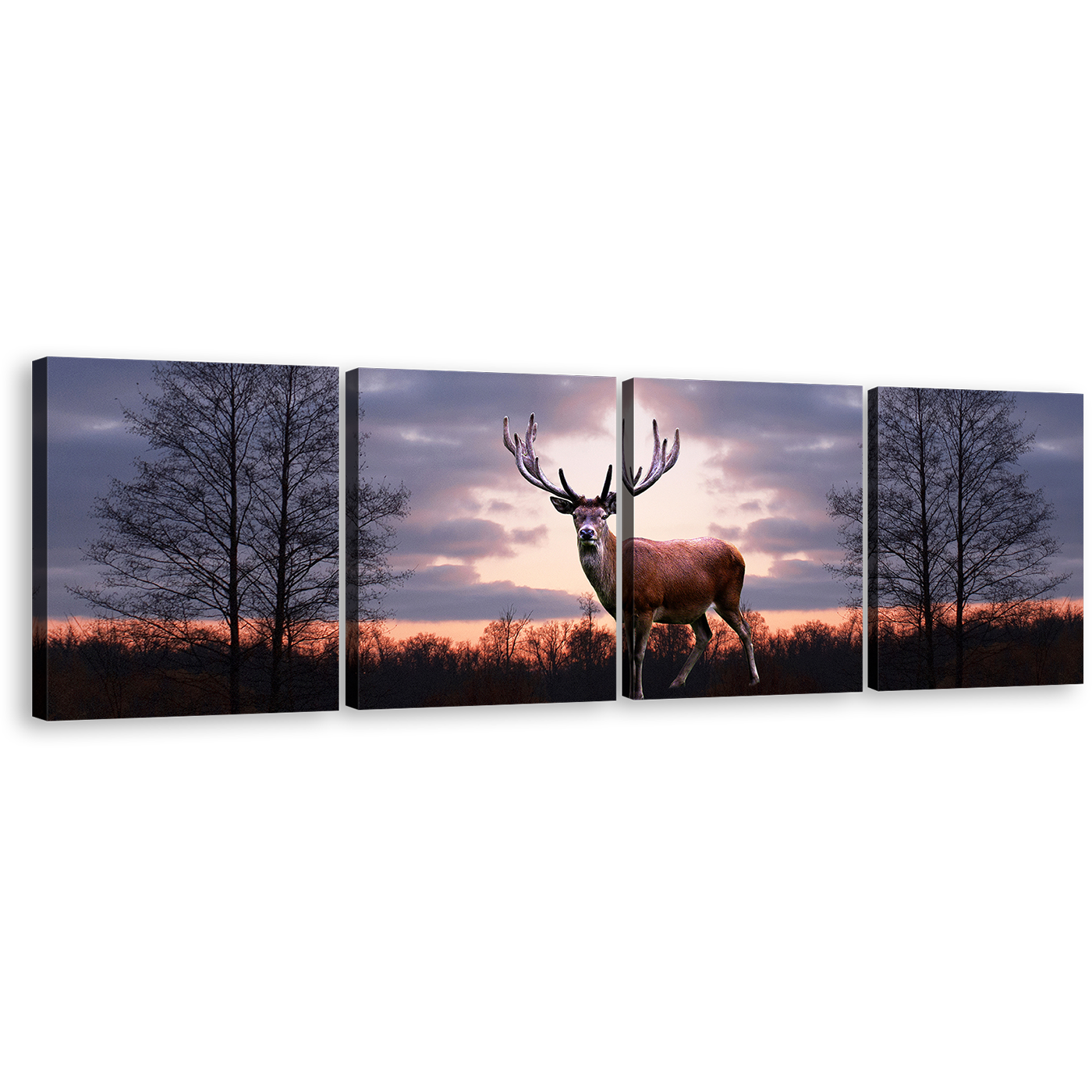 Animal Land Canvas Print, Grey Sky Forest Wildlife Wall Art, Fallow Deer Orange Sunset 4 Piece Multi Canvas