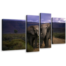 Load image into Gallery viewer, Animal Love Canvas Print, Grey Elephant Couple 4 Piece Wall Art. Elephant Kissing in Green Scenery Multiple Canvas
