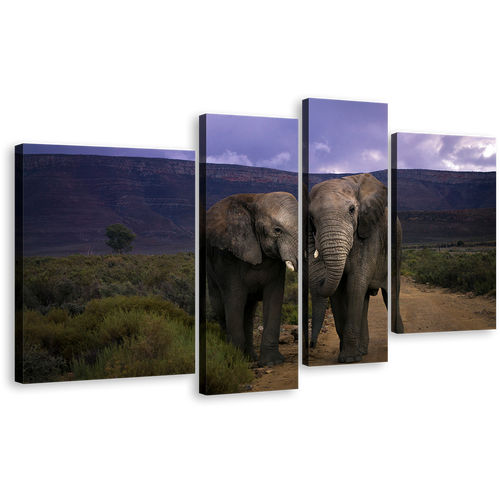 Animal Love Canvas Print, Grey Elephant Couple 4 Piece Wall Art. Elephant Kissing in Green Scenery Multiple Canvas