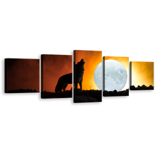 Load image into Gallery viewer, Animal Moon Canvas Wall Art, Howling Wolf White Moon Canvas Print, Black Wolf 5 Piece Multi Canvas Artwork
