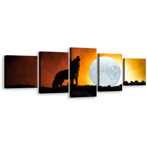 Animal Moon Canvas Wall Art, Howling Wolf White Moon Canvas Print, Black Wolf 5 Piece Multi Canvas Artwork