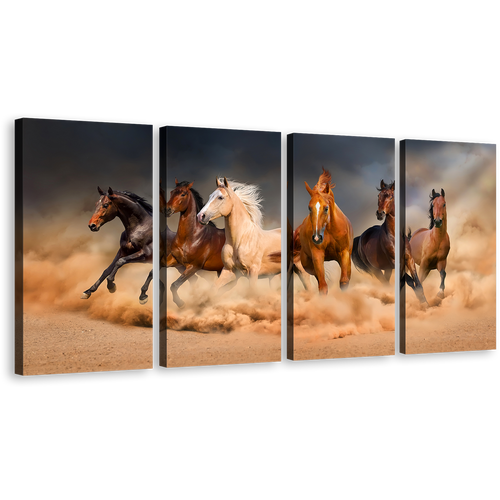 Animal Running Canvas Print, Wild Horses Canvas Set, White Brown Horses Herd 4 Piece Wall Art