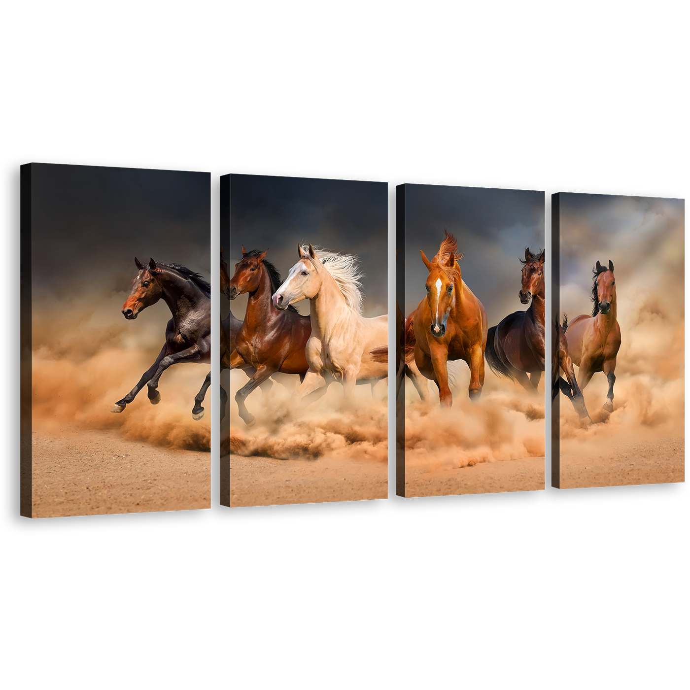 Animal Running Canvas Print, Wild Horses Canvas Set, White Brown Horses Herd 4 Piece Wall Art