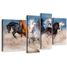 Load image into Gallery viewer, Animal Running Canvas Wall Art, Herd of Horses 4 Piece Canvas Print, Black White Brown Horses Running Canvas Set
