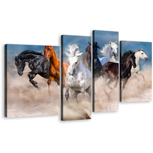 Animal Running Canvas Wall Art, Herd of Horses 4 Piece Canvas Print, Black White Brown Horses Running Canvas Set