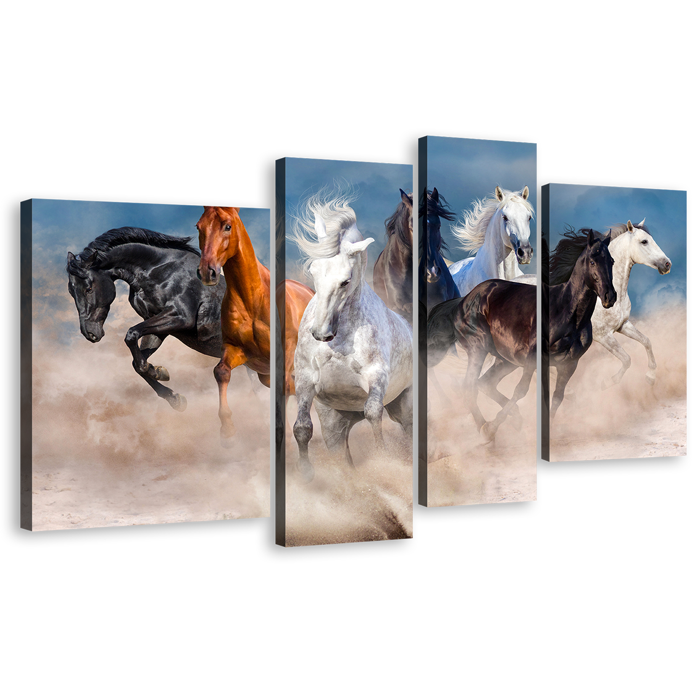 Animal Running Canvas Wall Art, Herd of Horses 4 Piece Canvas Print, Black White Brown Horses Running Canvas Set