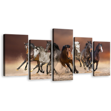 Load image into Gallery viewer, Animal Running Canvas Wall Art, White Brown Herd of Horses Canvas Print, Brown Horses Running Forward 5 Piece Multiple Canvas
