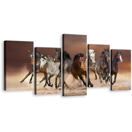 Animal Running Canvas Wall Art, White Brown Herd of Horses Canvas Print, Brown Horses Running Forward 5 Piece Multiple Canvas