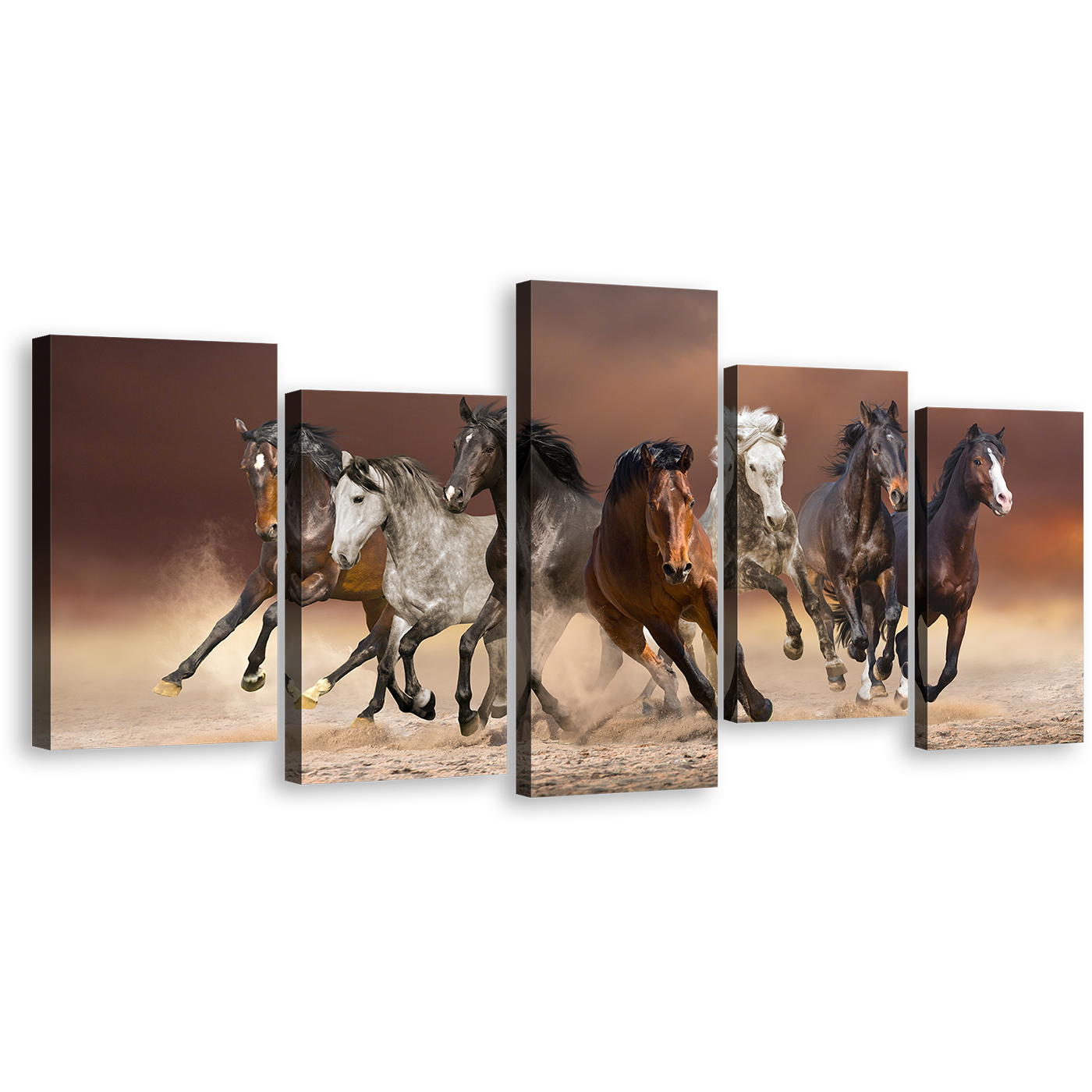 Animal Running Canvas Wall Art, White Brown Herd of Horses Canvas Print, Brown Horses Running Forward 5 Piece Multiple Canvas