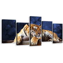 Load image into Gallery viewer, Animals Land Canvas Wall Art, Beautiful Blue Background Wildlife Canvas Set, Resting Yellow Tiger 5 Piece Canvas Print
