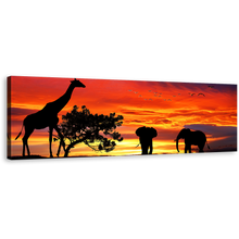 Load image into Gallery viewer, Animals Silhouette Wall Art, Yellow Forest Elephant Landscape 1 Piece Canvas Print, Beautiful Giraffe Orange Sunset Wildlife Canvas Art
