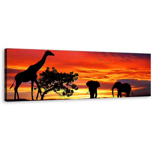 Animals Silhouette Wall Art, Yellow Forest Elephant Landscape 1 Piece Canvas Print, Beautiful Giraffe Orange Sunset Wildlife Canvas Art