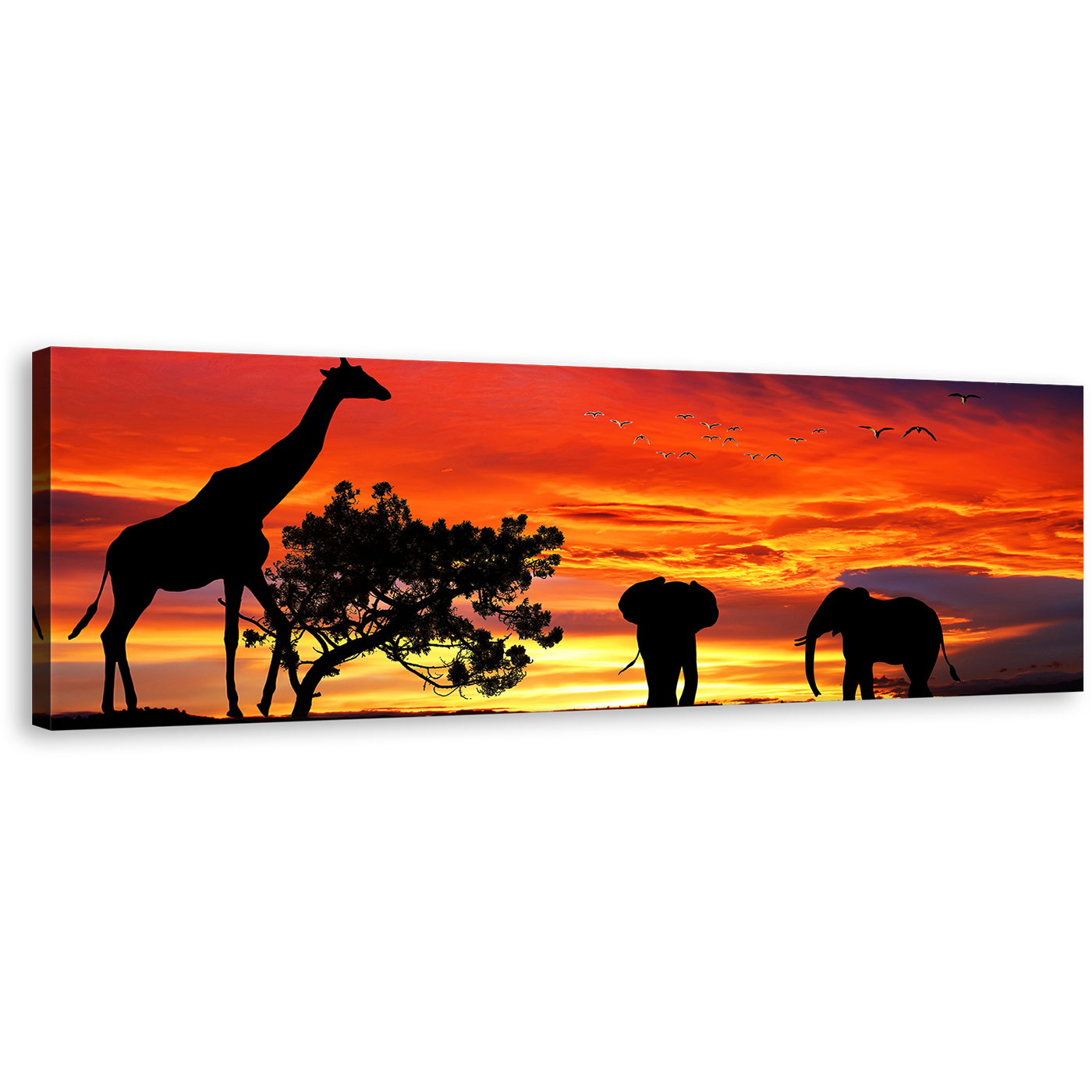 Animals Silhouette Wall Art, Yellow Forest Elephant Landscape 1 Piece Canvas Print, Beautiful Giraffe Orange Sunset Wildlife Canvas Art