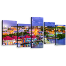 Load image into Gallery viewer, Antigua Canal Canvas Wall Art, Blue Harbors City Sunset Sky 5 Piece Canvas Print, Red Orange Antigua Houses Multiple Canvas
