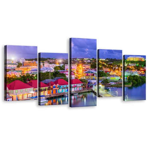 Antigua Canal Canvas Wall Art, Blue Harbors City Sunset Sky 5 Piece Canvas Print, Red Orange Antigua Houses Multiple Canvas