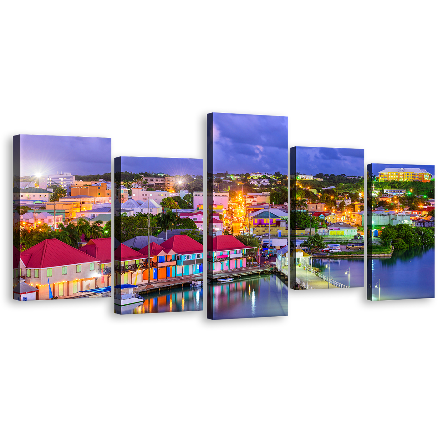 Antigua Canal Canvas Wall Art, Blue Harbors City Sunset Sky 5 Piece Canvas Print, Red Orange Antigua Houses Multiple Canvas