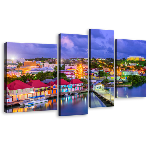 Antigua Harbors Canvas Wall Art, Red Green Antigua Port Houses Canvas Print, Blue Canal City Sunset Sky 4 Piece Canvas