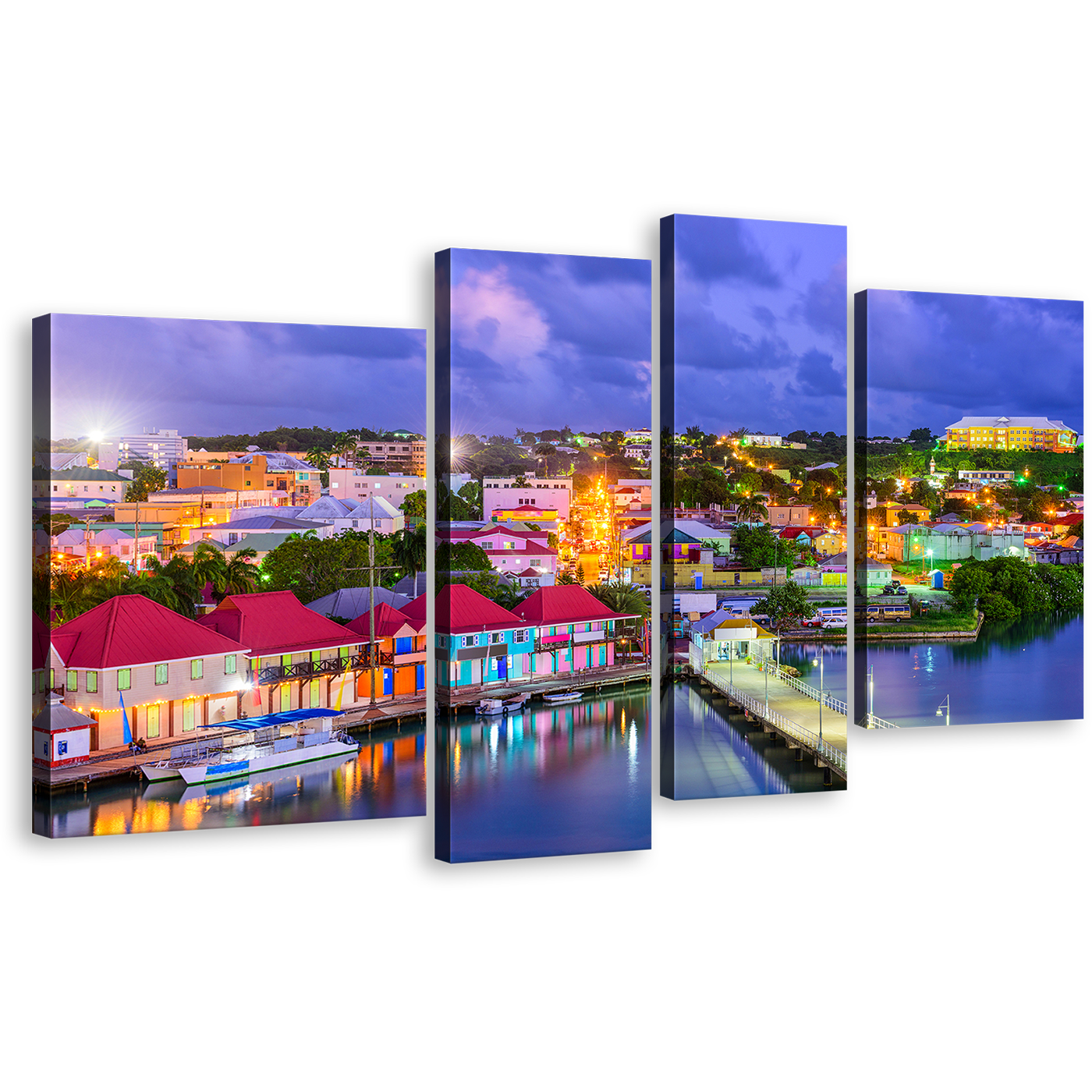 Antigua Harbors Canvas Wall Art, Red Green Antigua Port Houses Canvas Print, Blue Canal City Sunset Sky 4 Piece Canvas