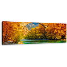 Load image into Gallery viewer, Aoos River Wall Art, Greece Green Water Konitsa Bridge Panoramic Canvas Art, Orange Autumn Trees Landscape Canvas Print
