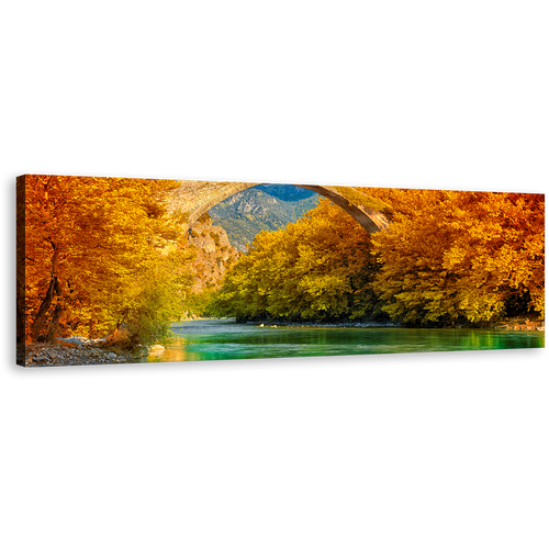 Aoos River Wall Art, Greece Green Water Konitsa Bridge Panoramic Canvas Art, Orange Autumn Trees Landscape Canvas Print