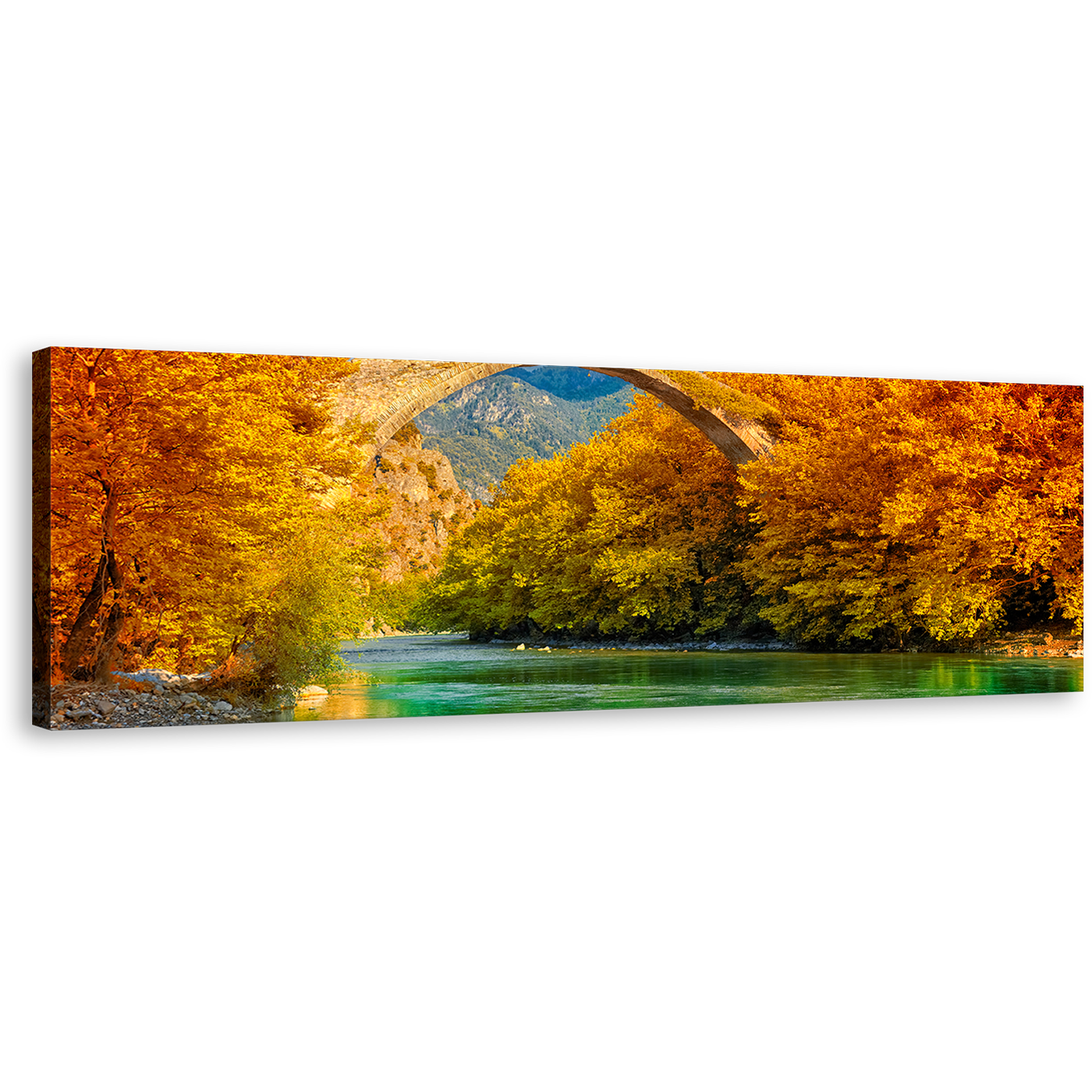 Aoos River Wall Art, Greece Green Water Konitsa Bridge Panoramic Canvas Art, Orange Autumn Trees Landscape Canvas Print