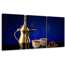 Load image into Gallery viewer, Arabian Coffee Canvas Print, Golden Teapot Coffee Scene 3 Piece Wall Art, White Cups Canvas Set
