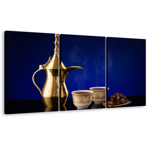 Arabian Coffee Canvas Print, Golden Teapot Coffee Scene 3 Piece Wall Art, White Cups Canvas Set