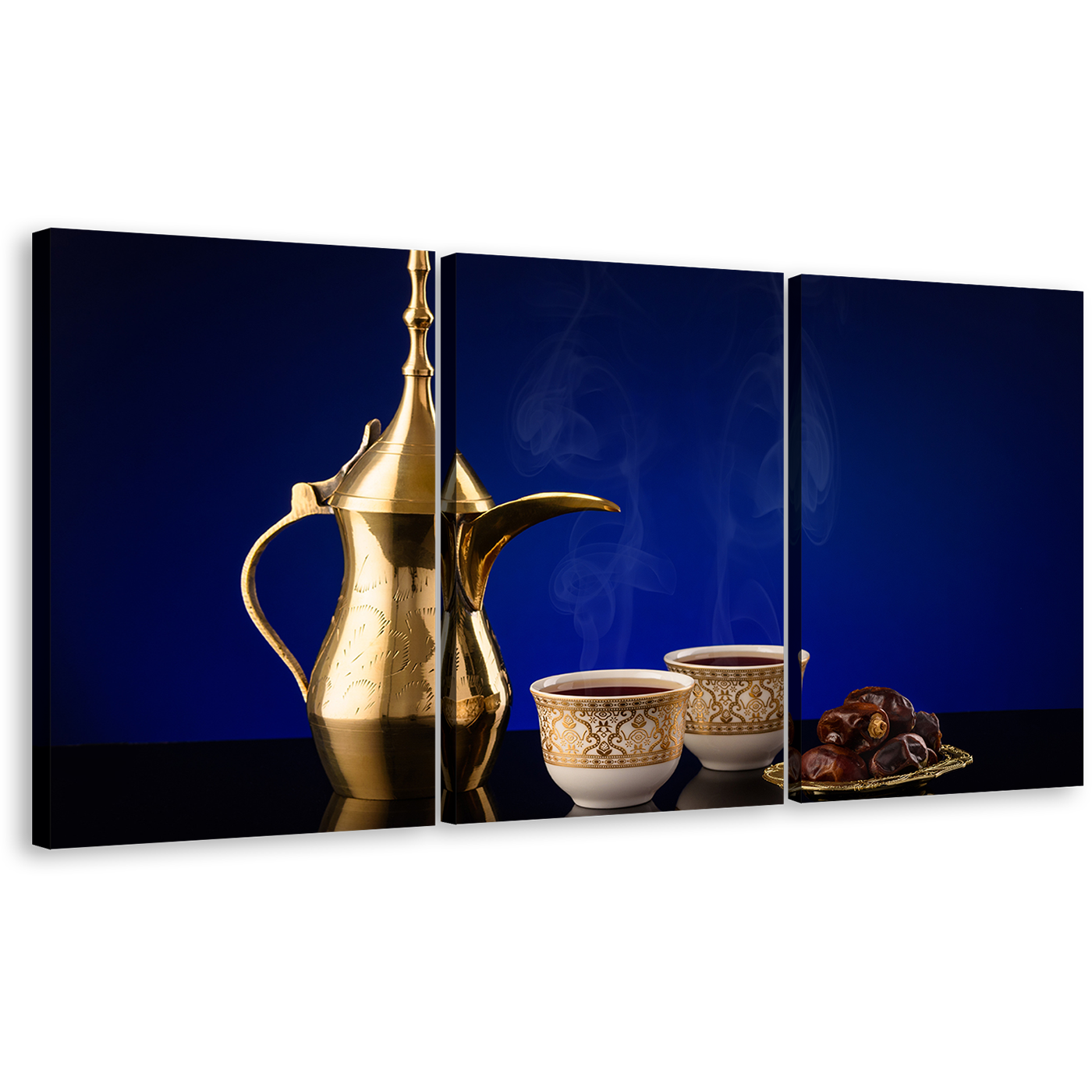 Arabian Coffee Canvas Print, Golden Teapot Coffee Scene 3 Piece Wall Art, White Cups Canvas Set