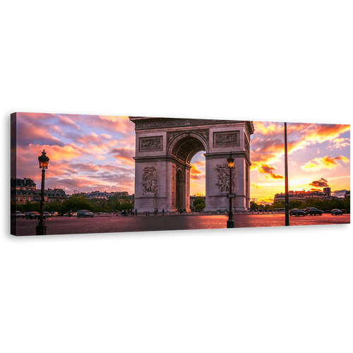 Arc de Triomphe Canvas Wall Art, Beautiful Yellow Purple Sunset Canvas Print, Place de l'Etoile Paris Panoramic Canvas