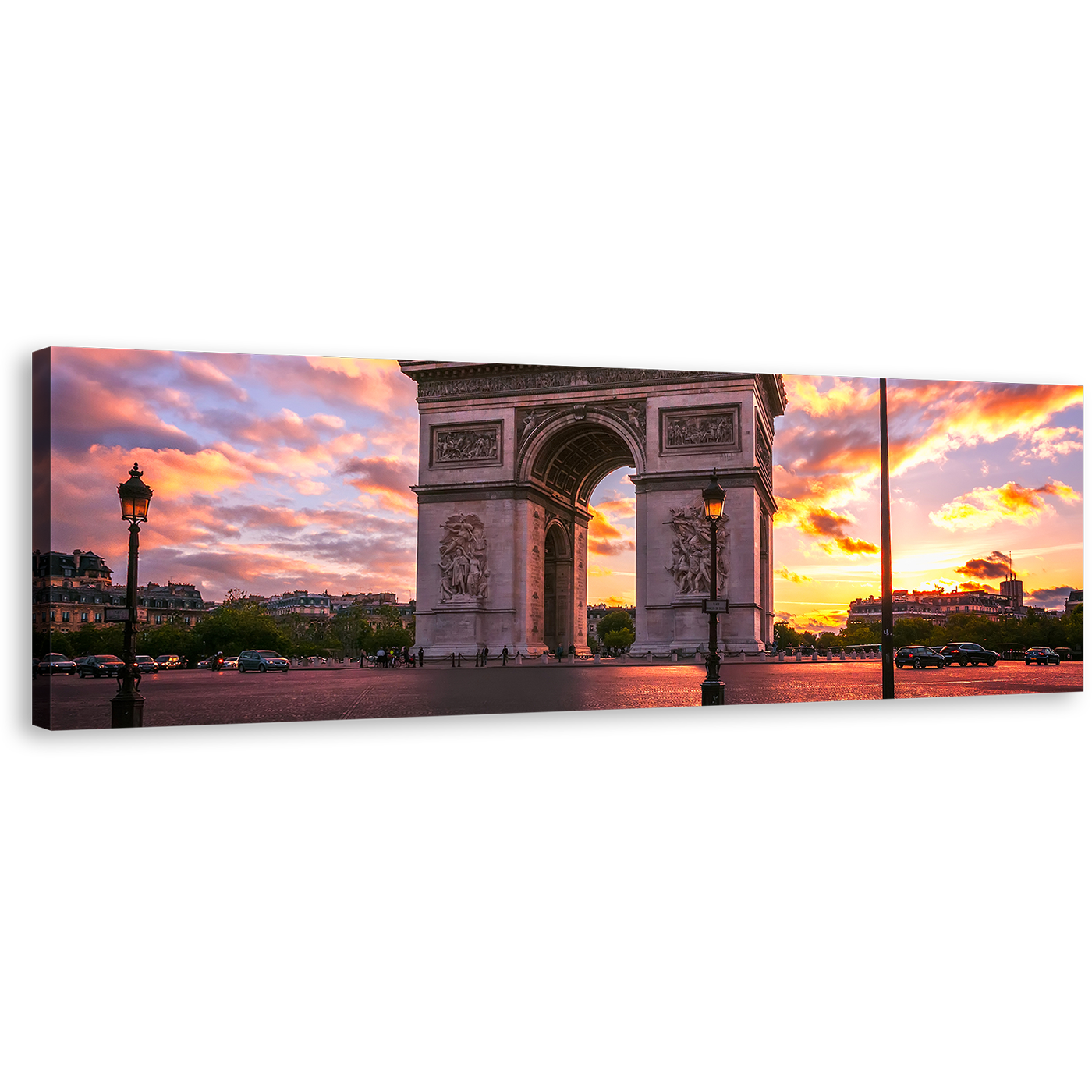 Arc de Triomphe Canvas Wall Art, Beautiful Yellow Purple Sunset Canvas Print, Place de l'Etoile Paris Panoramic Canvas