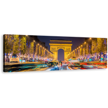 Load image into Gallery viewer, Arc de Triomphe Canvas Wall Art, Yellow Avenue Des Champs Elysees Canvas Print, Paris City Night Wide Canvas, France Blue Light Trails Panorama Canvas
