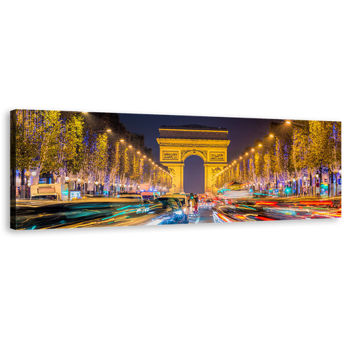 Arc de Triomphe Canvas Wall Art, Yellow Avenue Des Champs Elysees Canvas Print, Paris City Night Wide Canvas, France Blue Light Trails Panorama Canvas