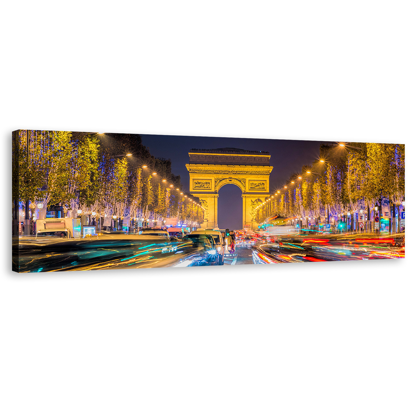 Arc de Triomphe Canvas Wall Art, Yellow Avenue Des Champs Elysees Canvas Print, Paris City Night Wide Canvas, France Blue Light Trails Panorama Canvas