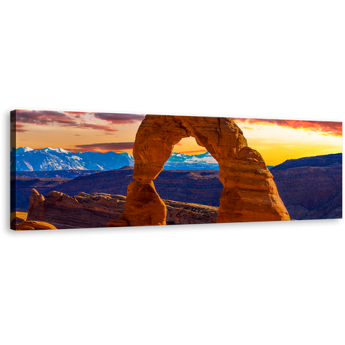 Arches National Park Canvas Wall Art, Orange Sky Brown Desert Sunset Panoramic Canvas Print, Utah Desert Mountains 1 Piece Canvas Artwork