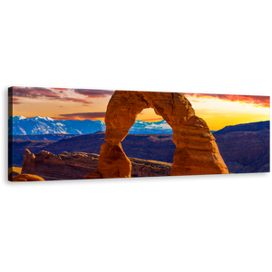 Arches National Park Canvas Wall Art, Orange Sky Brown Desert Sunset Panoramic Canvas Print, Utah Desert Mountains 1 Piece Canvas Artwork