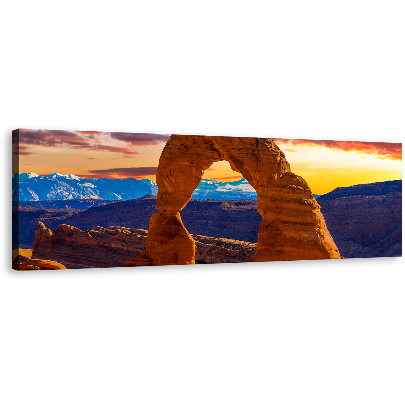 Arches National Park Canvas Wall Art, Orange Sky Brown Desert Sunset Panoramic Canvas Print, Utah Desert Mountains 1 Piece Canvas Artwork