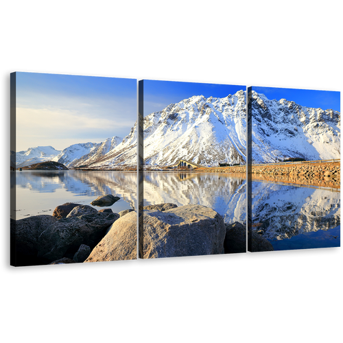 Arctic Majesty Wall Art, Blue Norway Sky Landscape 3 Piece Canvas Set, White Lofoten Islands Mountain River Canvas Print