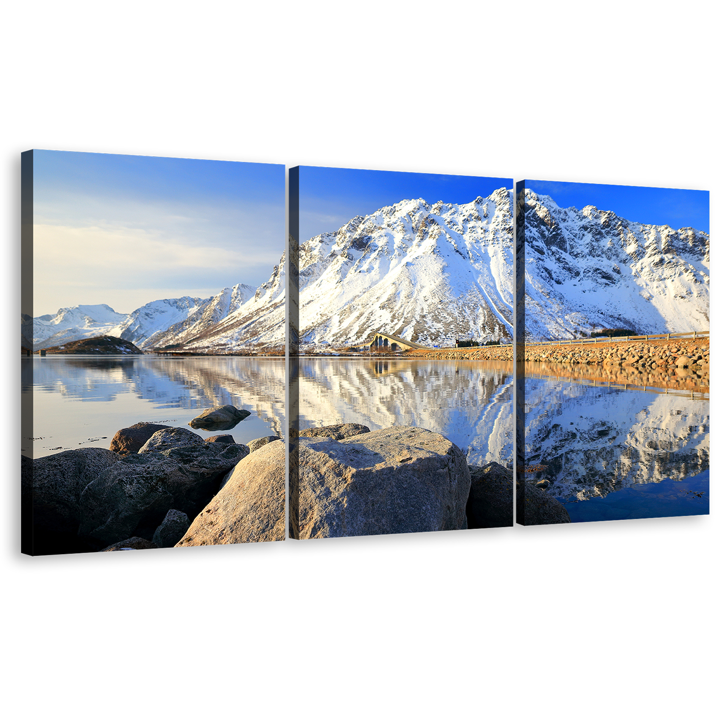 Arctic Majesty Wall Art, Blue Norway Sky Landscape 3 Piece Canvas Set, White Lofoten Islands Mountain River Canvas Print