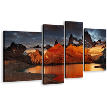 Load image into Gallery viewer, Argentina Mountain Wall Art, Orange Fitz Roy 4 Piece Canvas Print, Grey Sky Patagonia Laguna de Los Trees Canvas Set
