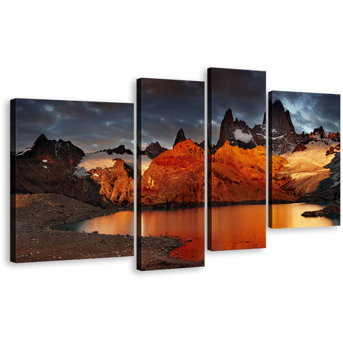 Argentina Mountain Wall Art, Orange Fitz Roy 4 Piece Canvas Print, Grey Sky Patagonia Laguna de Los Trees Canvas Set