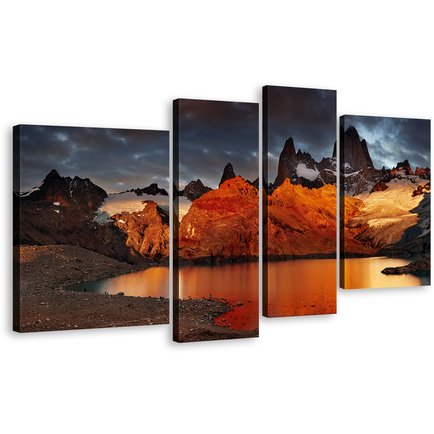 Argentina Mountain Wall Art, Orange Fitz Roy 4 Piece Canvas Print, Grey Sky Patagonia Laguna de Los Trees Canvas Set