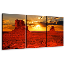 Load image into Gallery viewer, Arizona Desert Canvas Print, Amazing Red Sand Desert Wall Art, Iconic Orange Sunset Monument Valley 3 Piece Multi Canvas
