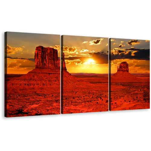 Arizona Desert Canvas Print, Amazing Red Sand Desert Wall Art, Iconic Orange Sunset Monument Valley 3 Piece Multi Canvas