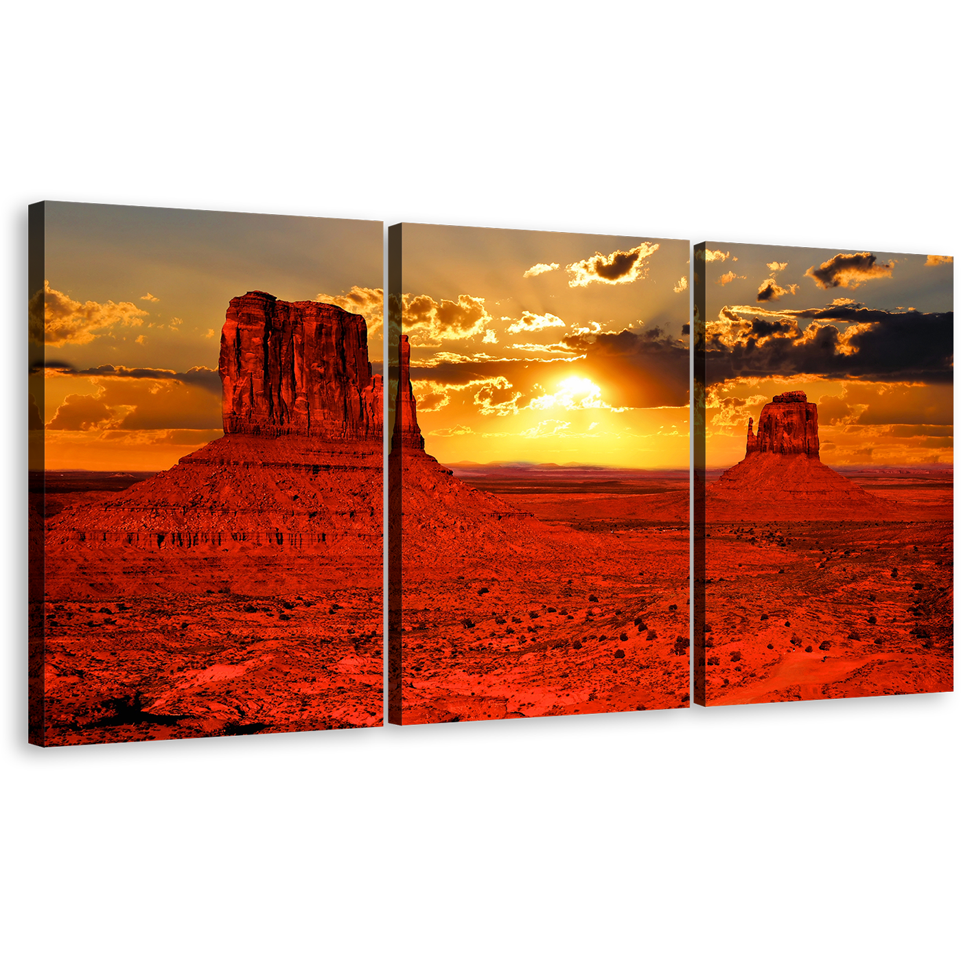 Arizona Desert Canvas Print, Amazing Red Sand Desert Wall Art, Iconic Orange Sunset Monument Valley 3 Piece Multi Canvas